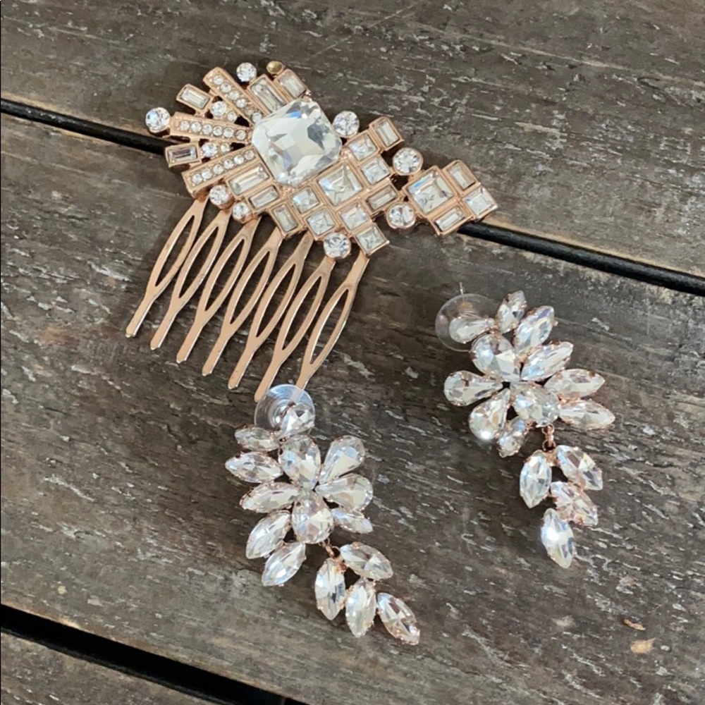 Rose gold and crystal fashion earrings + hair pin